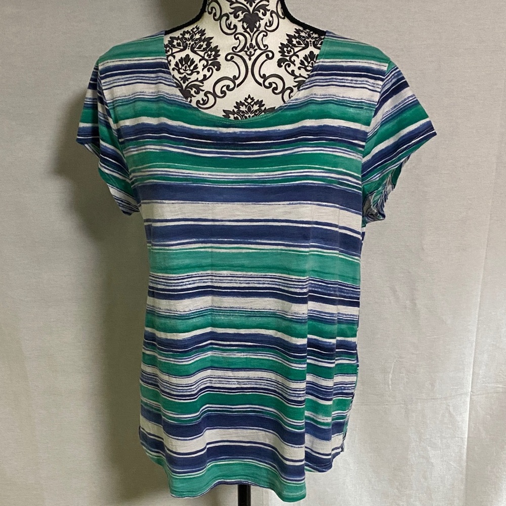 Zenergy Chico’s Casual Striped Green and Blue Women's Tee Large Made in USA